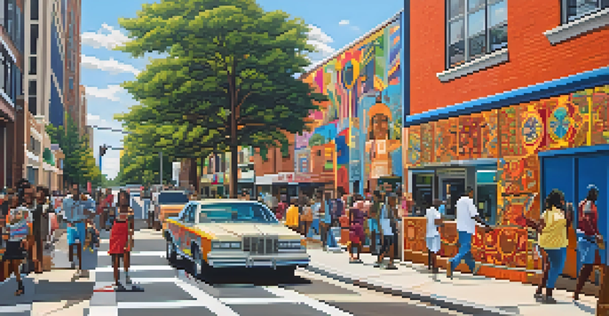 A colorful mural in Atlanta illustrating African American and Native American cultural elements with people walking by in an urban setting.