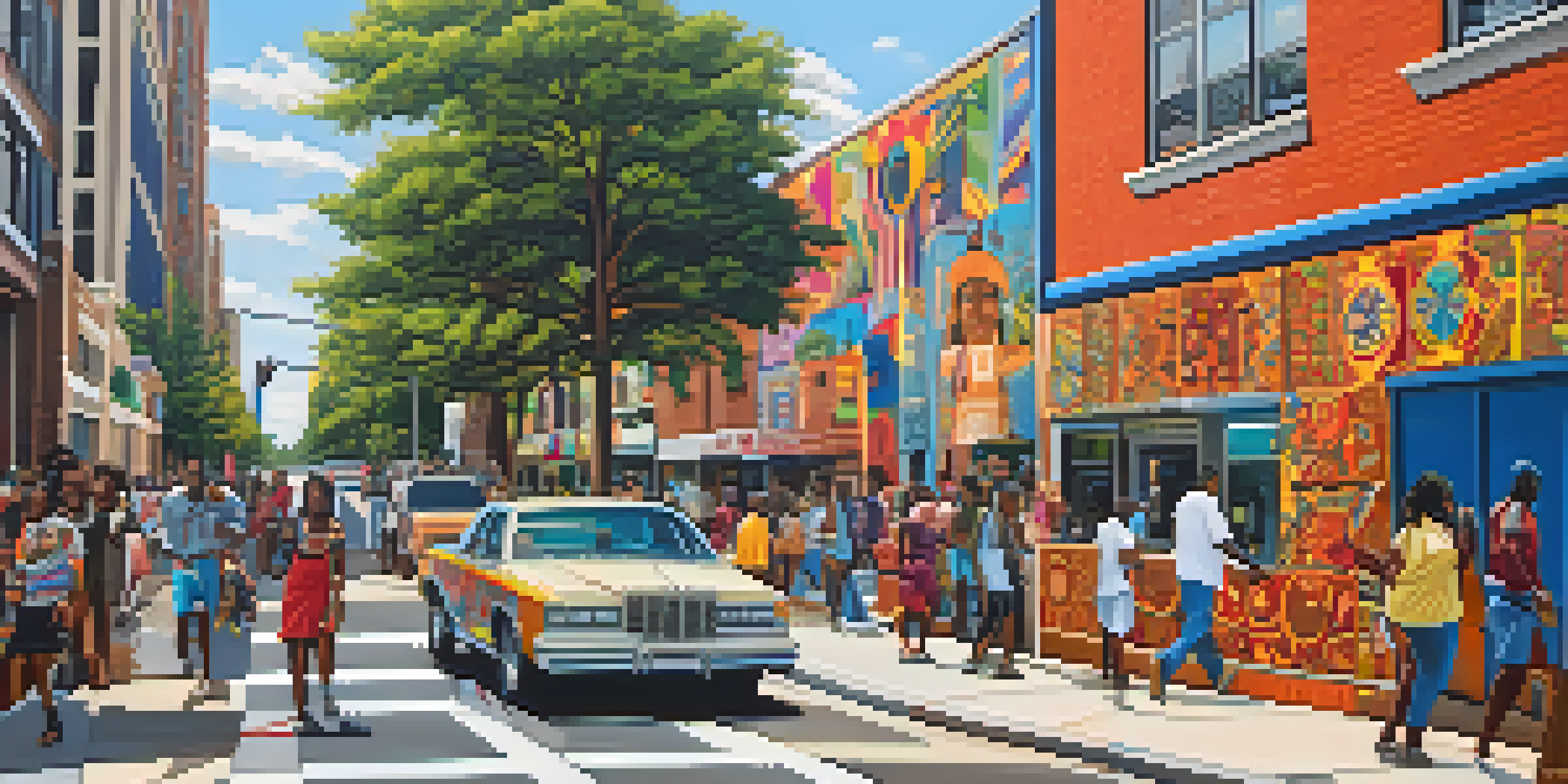 A colorful mural in Atlanta illustrating African American and Native American cultural elements with people walking by in an urban setting.