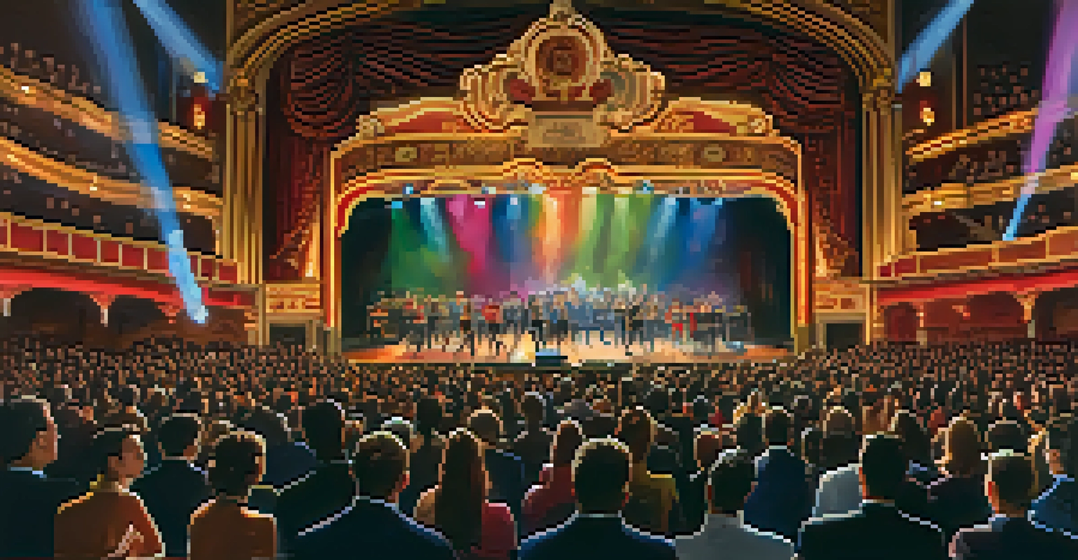 Audience members captivated by a live performance at the Fox Theatre, surrounded by colorful lights.