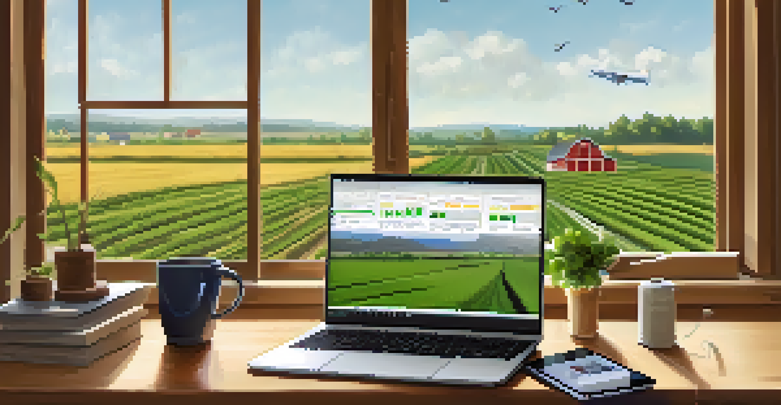 A farmer using a smartphone app in an office setting, with agricultural data on a laptop and a view of the farm outside.