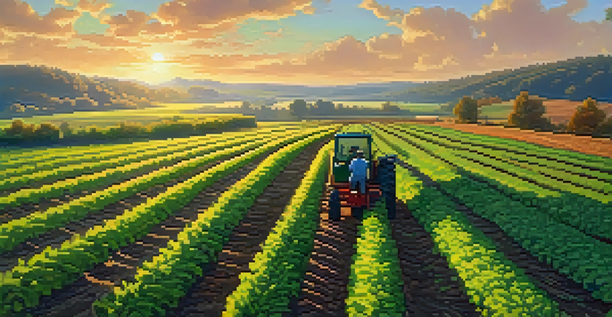 A Georgia farm at sunrise with a farmer using an AI tool, surrounded by green crops and a clear blue sky.