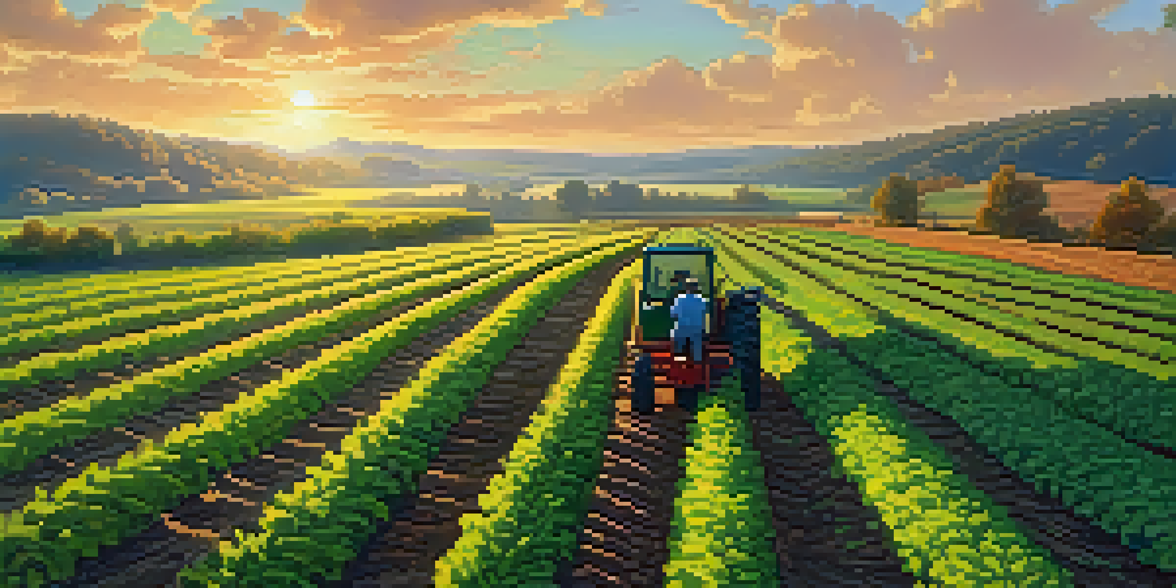 A Georgia farm at sunrise with a farmer using an AI tool, surrounded by green crops and a clear blue sky.
