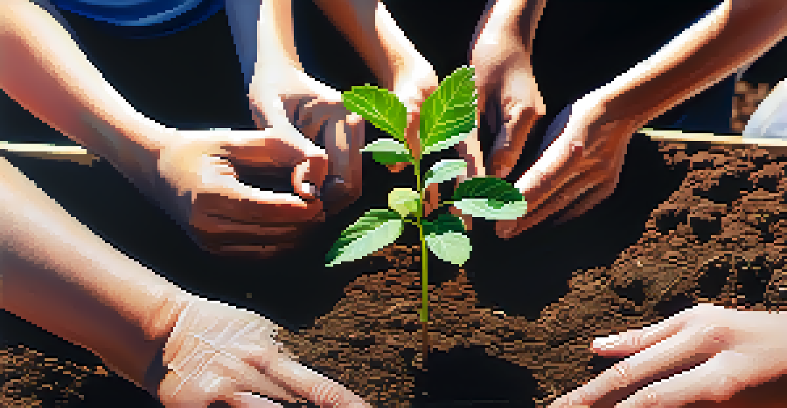 Close-up of hands planting a young tree in a community garden, representing environmental sustainability and community engagement.