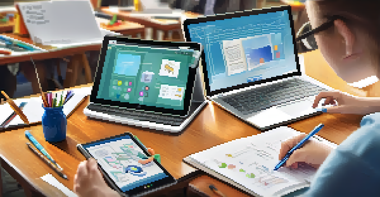 A teacher using a digital tablet with laptops and other technology tools in the background.