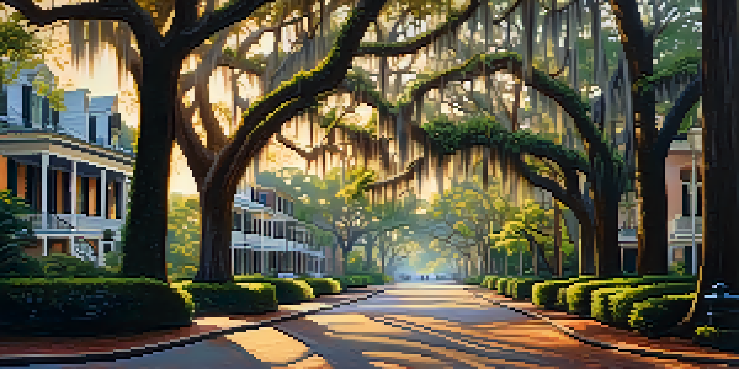 A scenic street in Savannah's Historic District with cobblestones, lush parks, and oak trees covered in Spanish moss during golden hour.