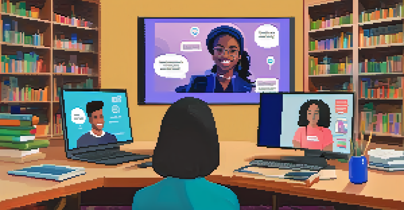 A computer screen showing students engaged in an online debate about social justice, with colorful graphics and chat bubbles.