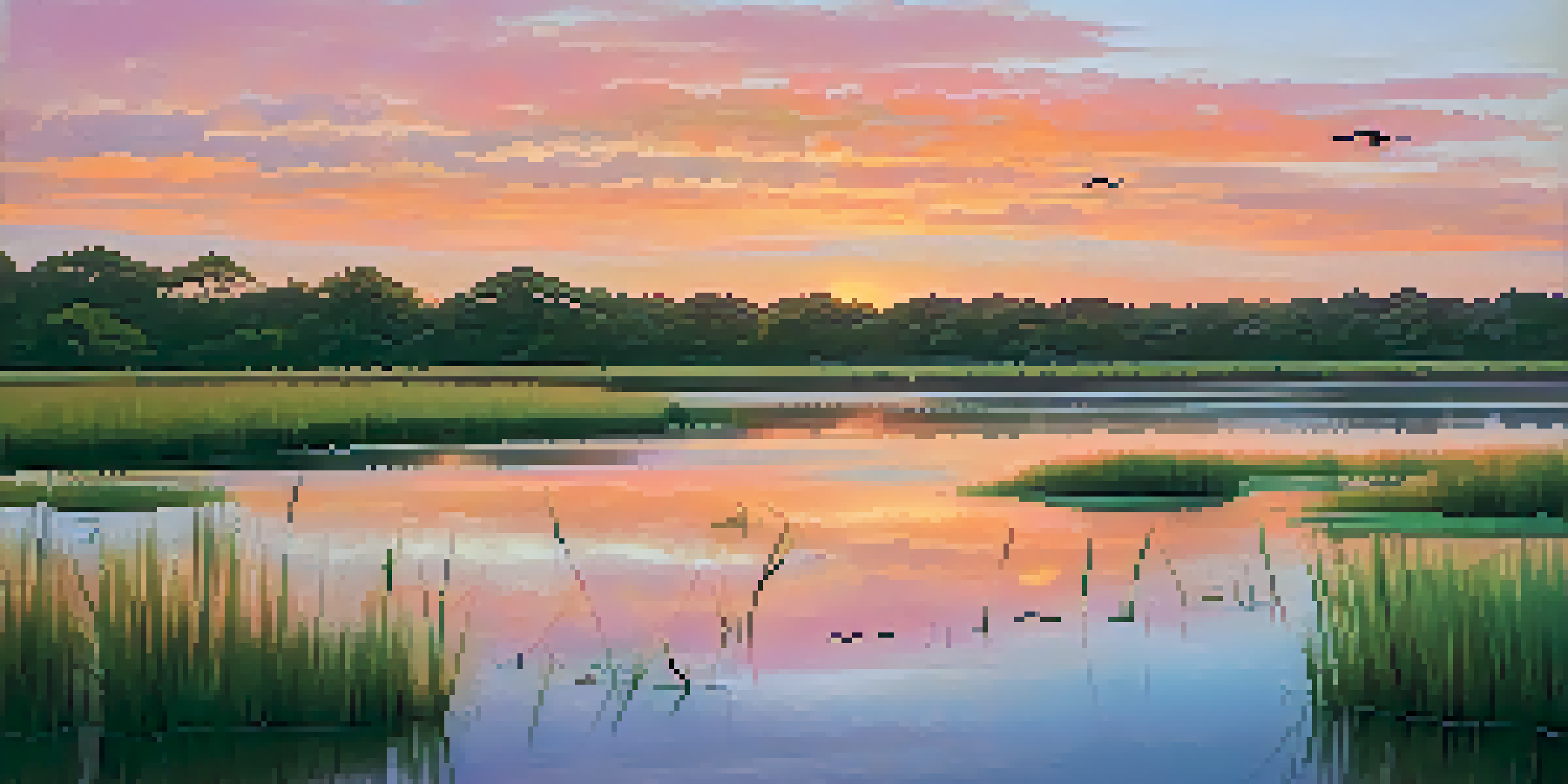 A peaceful coastal marsh in Georgia at sunset with colorful reflections in the water and birds in the sky.