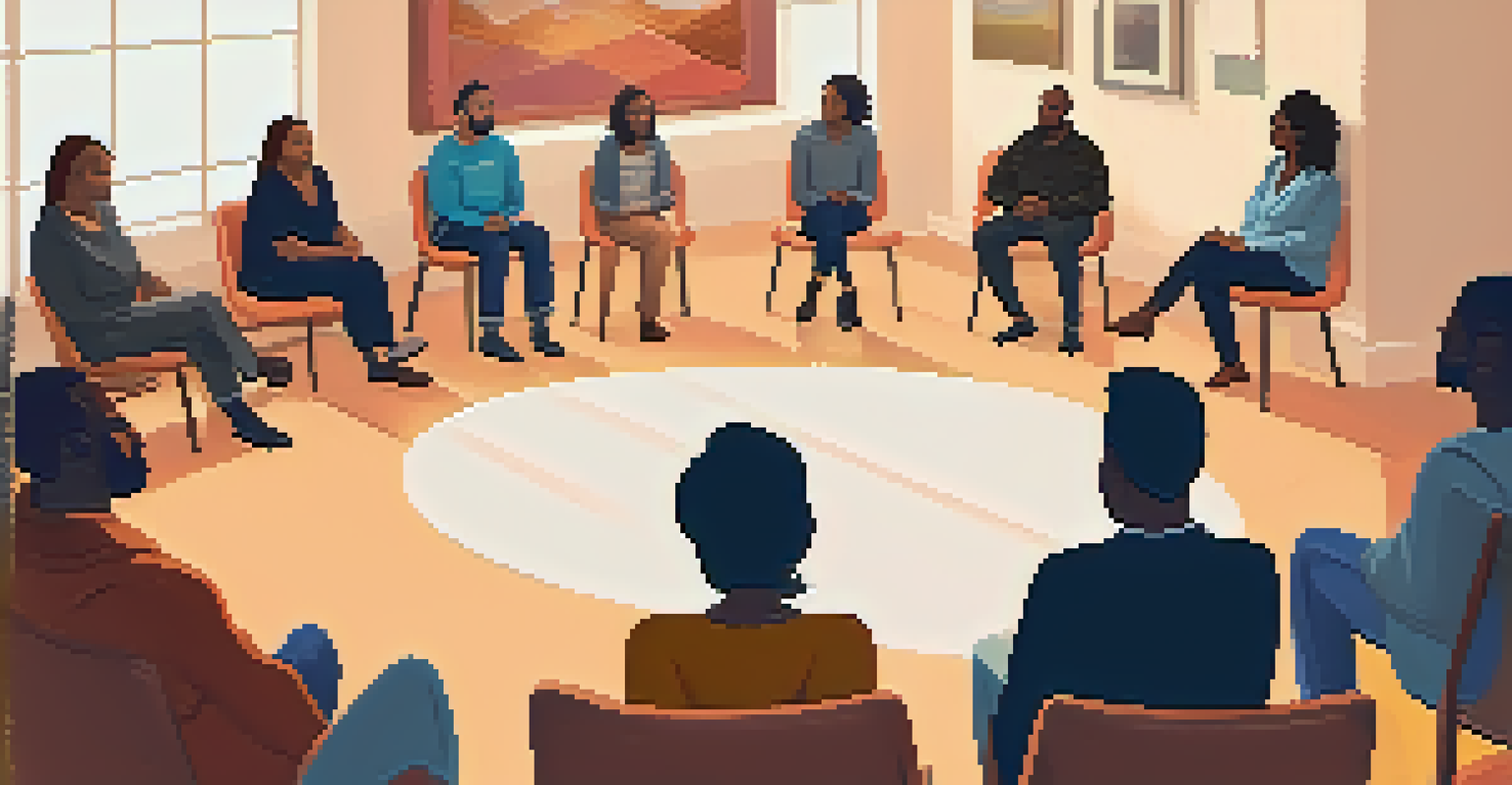 A group therapy session in a cozy room with participants seated in a circle, sharing their experiences.
