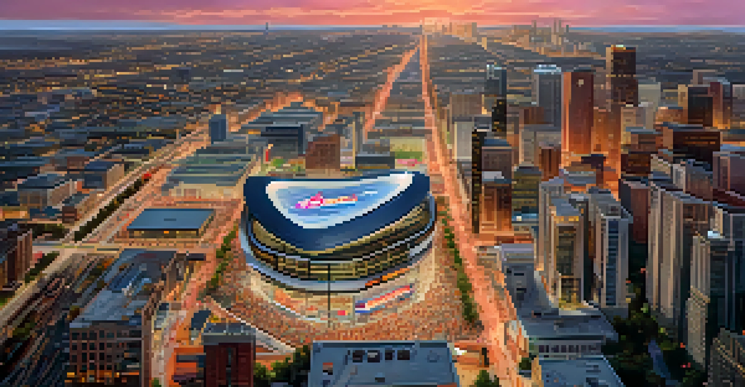 Aerial view of Atlanta during a sporting event, highlighting the skyline and streets filled with fans, illuminated by a beautiful sunset.