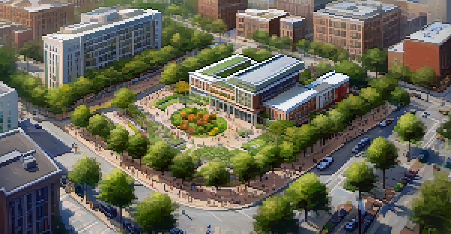 Aerial view of a vibrant urban area in Georgia, featuring modern buildings and green spaces, with families enjoying the outdoors.