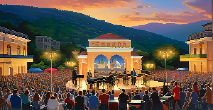 A lively outdoor scene of the Tbilisi Jazz Festival with musicians performing on stage and an audience enjoying the music amidst historic buildings.