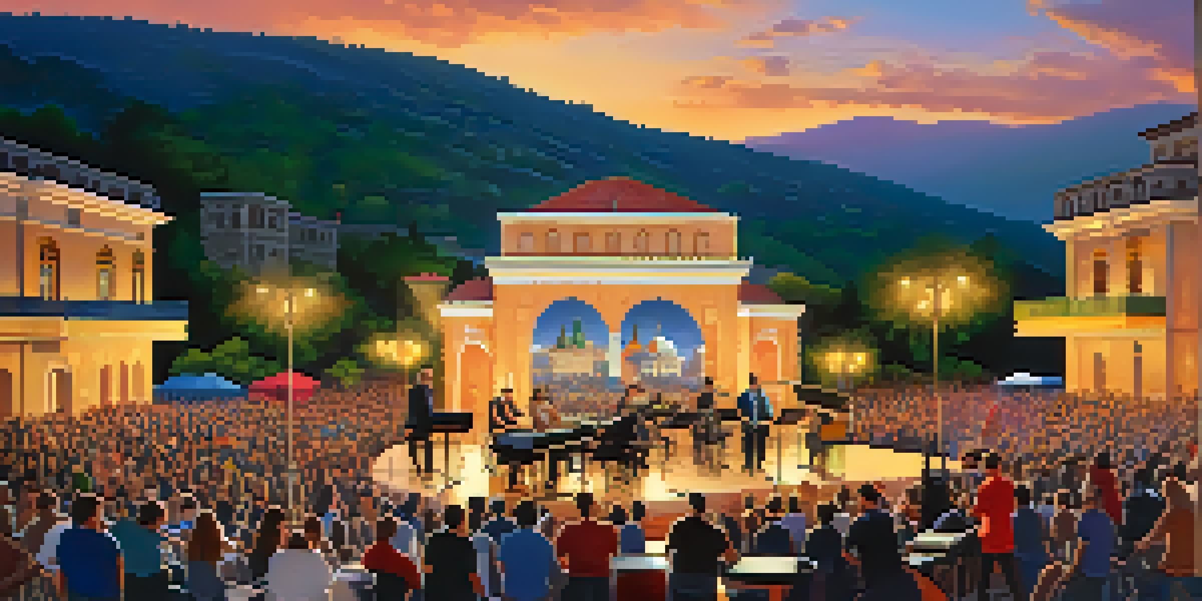 A lively outdoor scene of the Tbilisi Jazz Festival with musicians performing on stage and an audience enjoying the music amidst historic buildings.