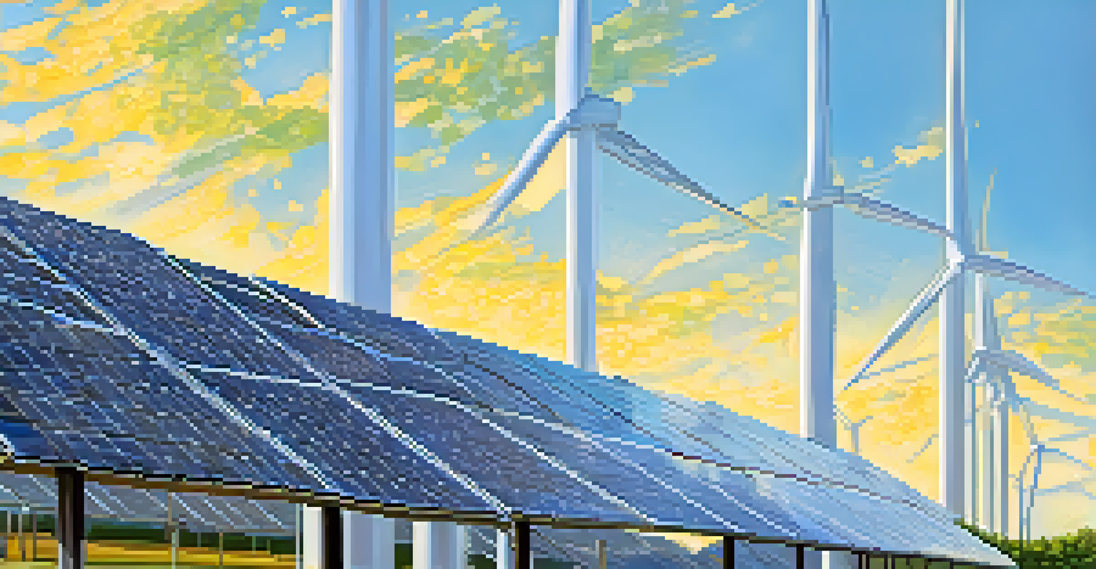Close-up of solar panels with a wind turbine in the background, showcasing renewable energy technology in Georgia.