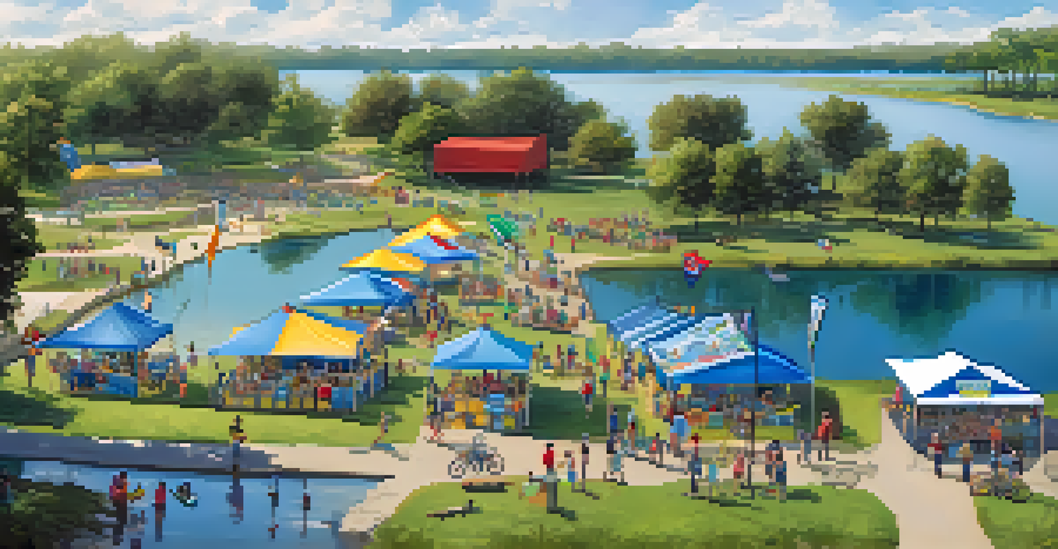 An aerial view of a community event focused on water conservation by a lake, with families and colorful banners under a sunny sky.