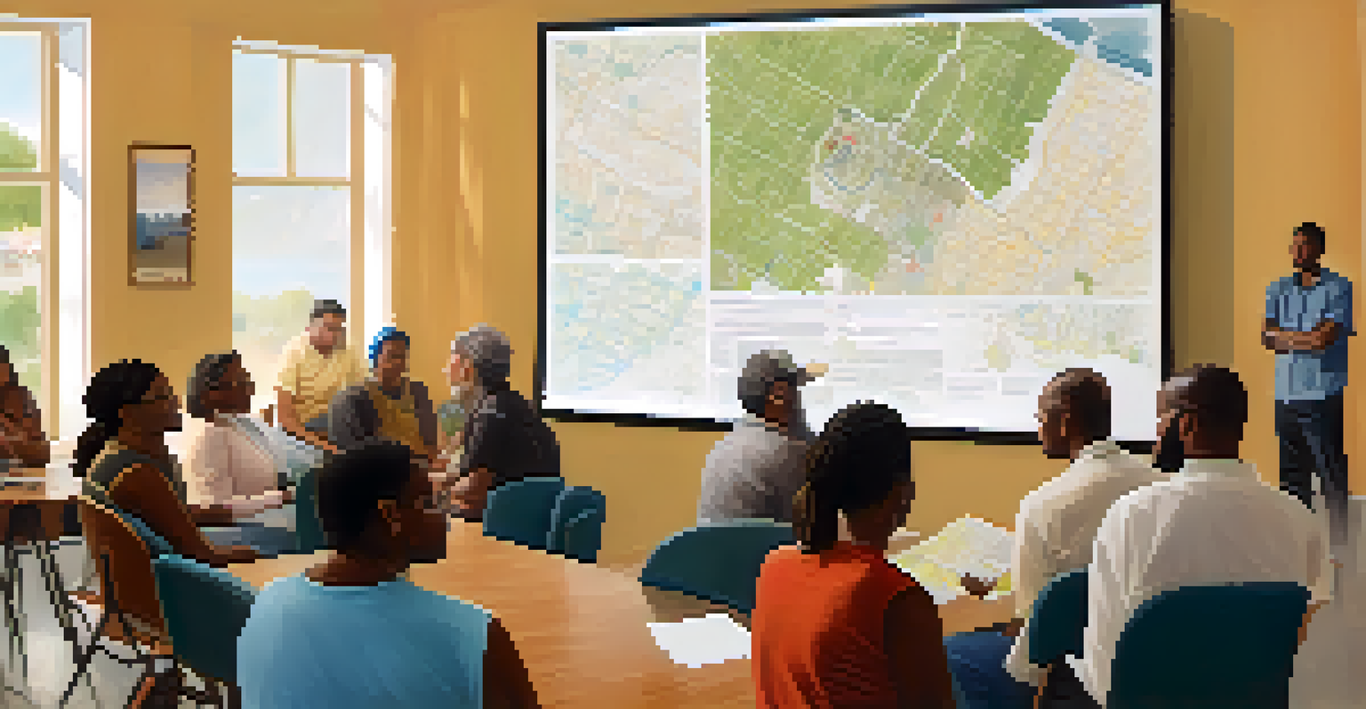 A community meeting with diverse residents discussing land use planning, featuring a large map and an engaged atmosphere.