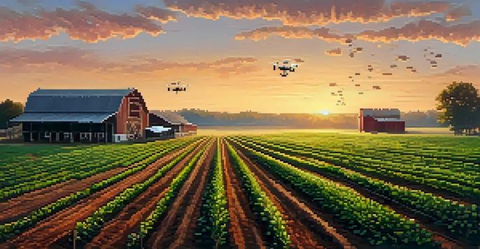A scenic Georgia farm at sunrise with diverse crops and a drone in the sky, highlighting agriculture technology.