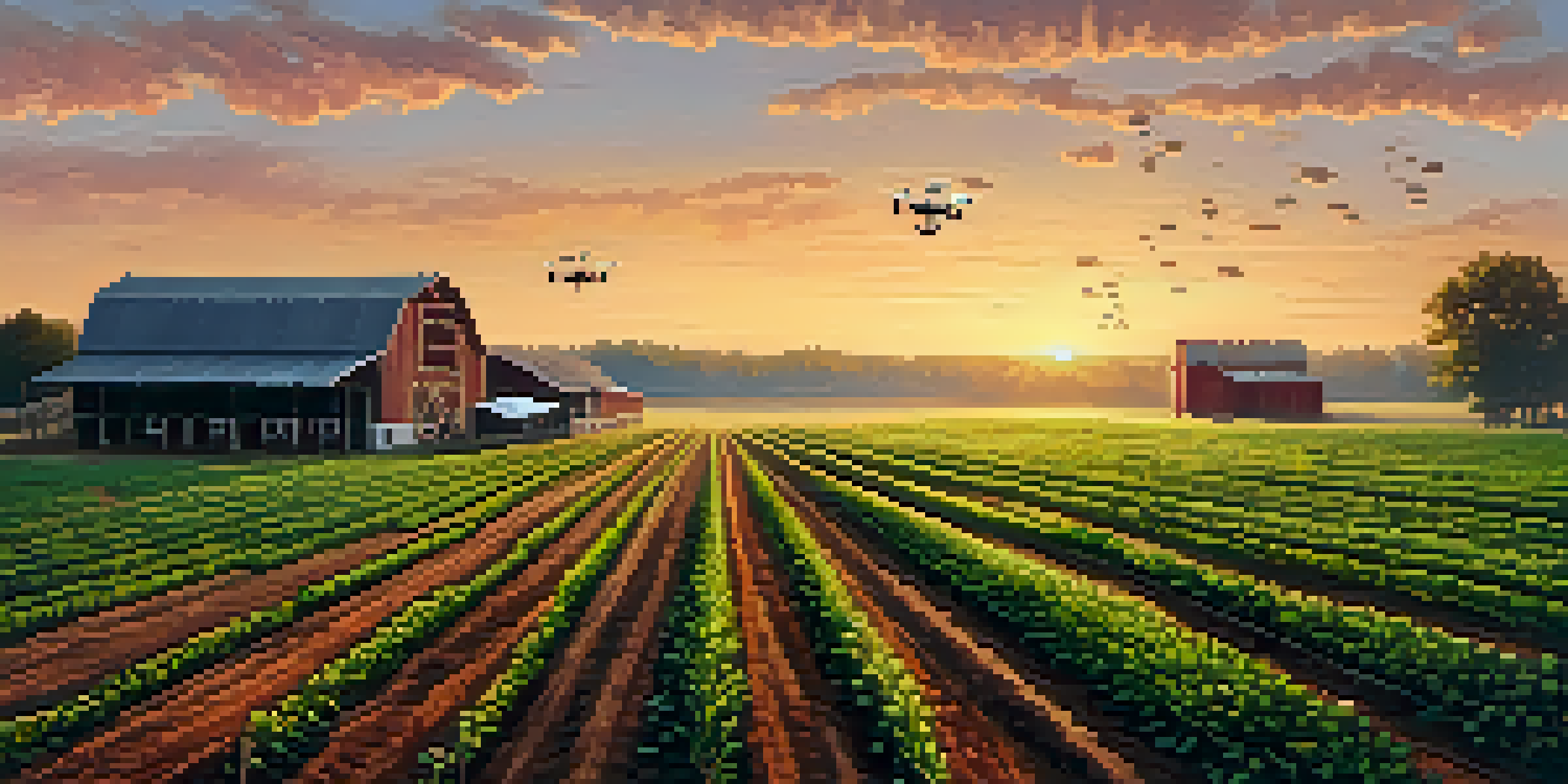A scenic Georgia farm at sunrise with diverse crops and a drone in the sky, highlighting agriculture technology.