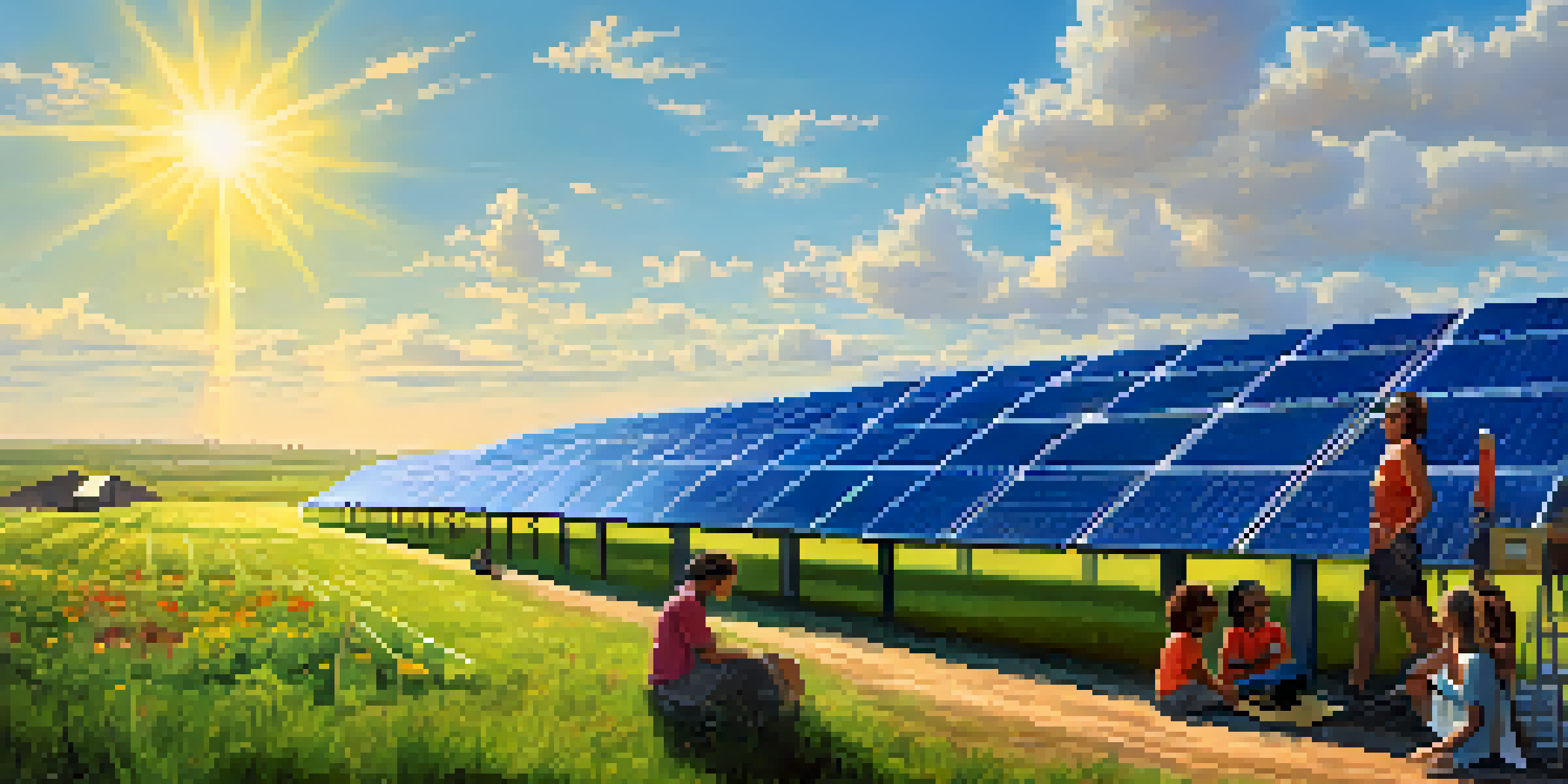 A vibrant solar farm in Georgia with people engaging near solar panels and lush green fields under a bright sky.