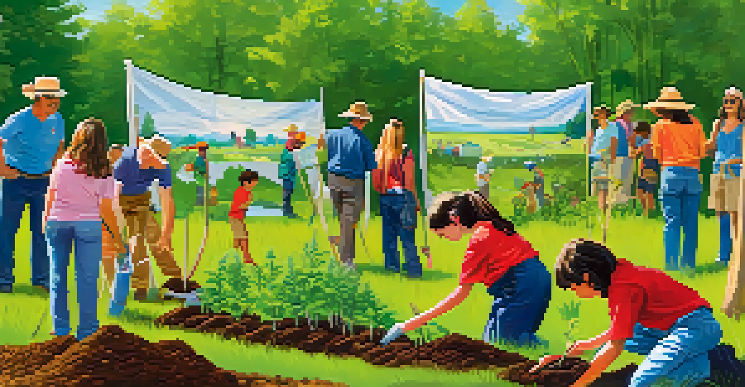 Families at a community event planting native plants in Georgia, surrounded by greenery and banners promoting conservation.