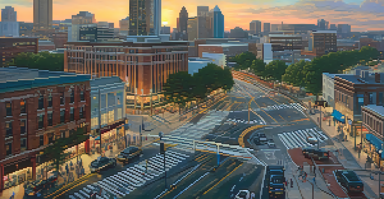 An aerial view of a busy intersection in Atlanta with vehicles, bicycles, and pedestrians, set against a sunset sky.