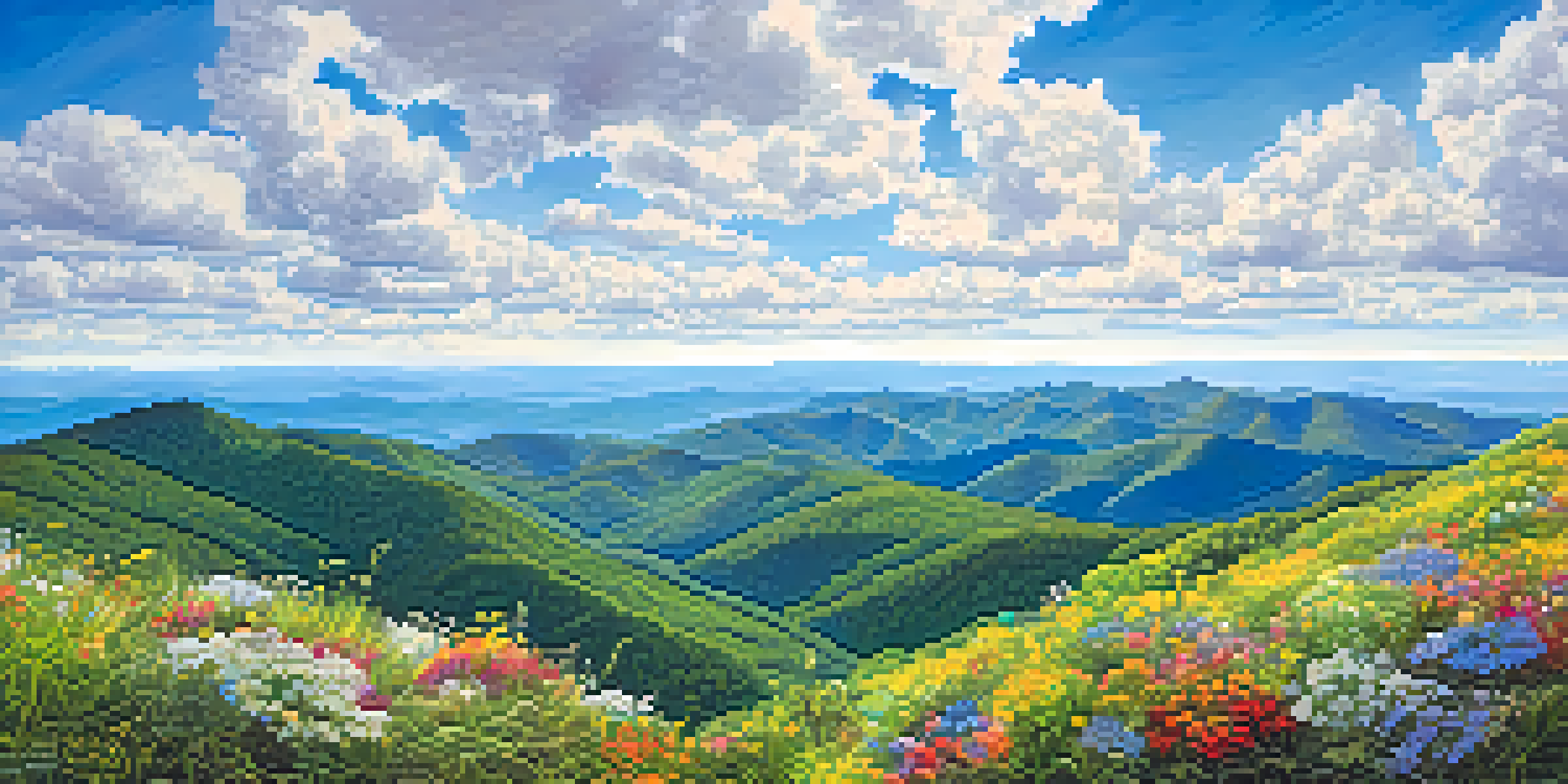 A panoramic view from the summit of Brasstown Bald with layers of green and blue mountains under a bright blue sky, featuring wildflowers in the foreground and hikers enjoying the scenery.