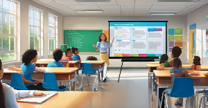 A vibrant classroom with a teacher using a smart board and students engaged with tablets, emphasizing interactive learning.