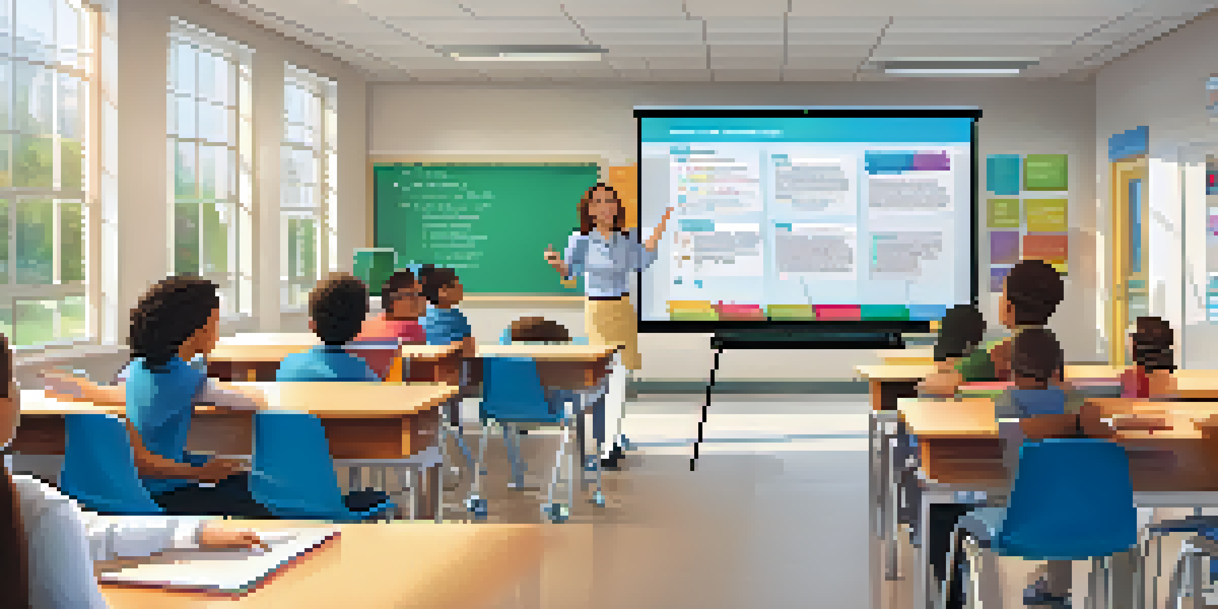 A vibrant classroom with a teacher using a smart board and students engaged with tablets, emphasizing interactive learning.