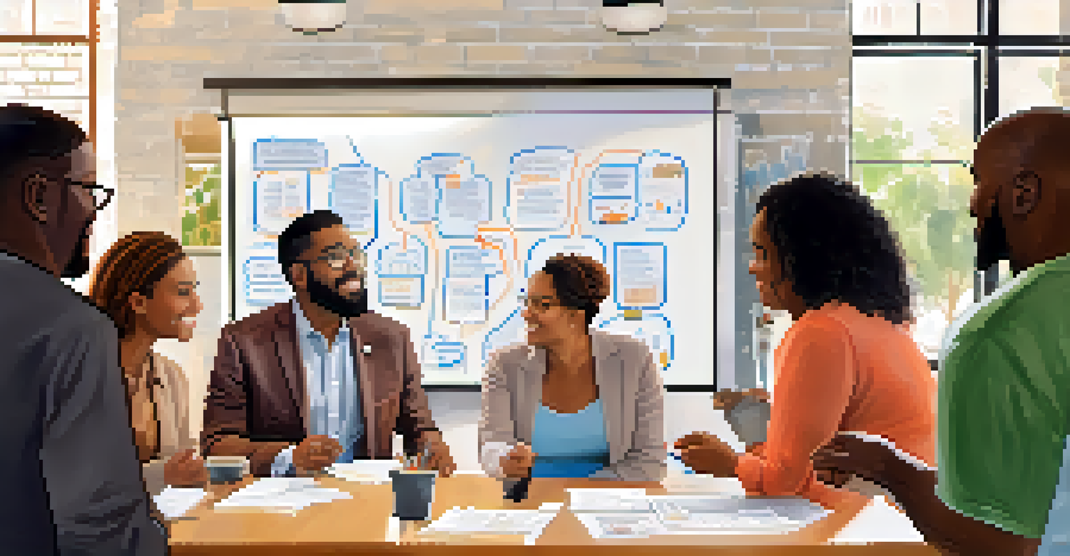 A diverse group of small business owners in a workshop, discussing ideas with a whiteboard in the background, in a bright and collaborative setting.