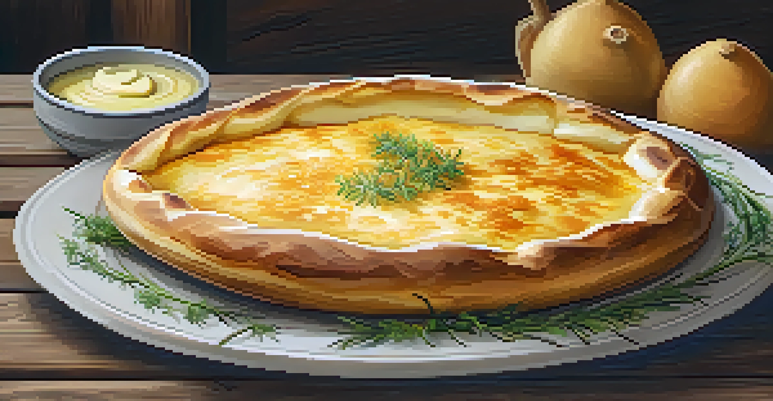An appetizing Adjarian khachapuri, a cheese-filled bread, served on a wooden table with fresh herbs.
