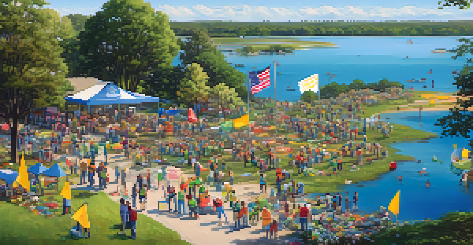 Aerial view of a community clean-up event by a lake in Georgia with volunteers collecting trash and promoting water conservation.