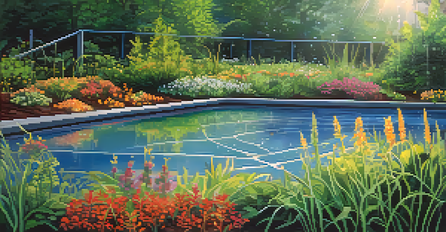 Close-up of a rain garden in Georgia with native plants, water droplets on leaves, and a sign about green infrastructure benefits.