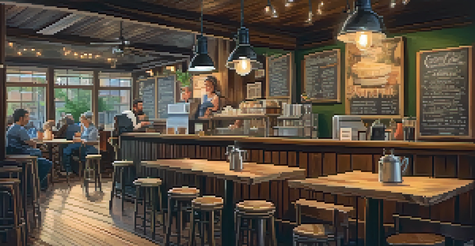 A cozy interior of a local café in Georgia with rustic wooden furniture, warm lighting, and patrons enjoying coffee.