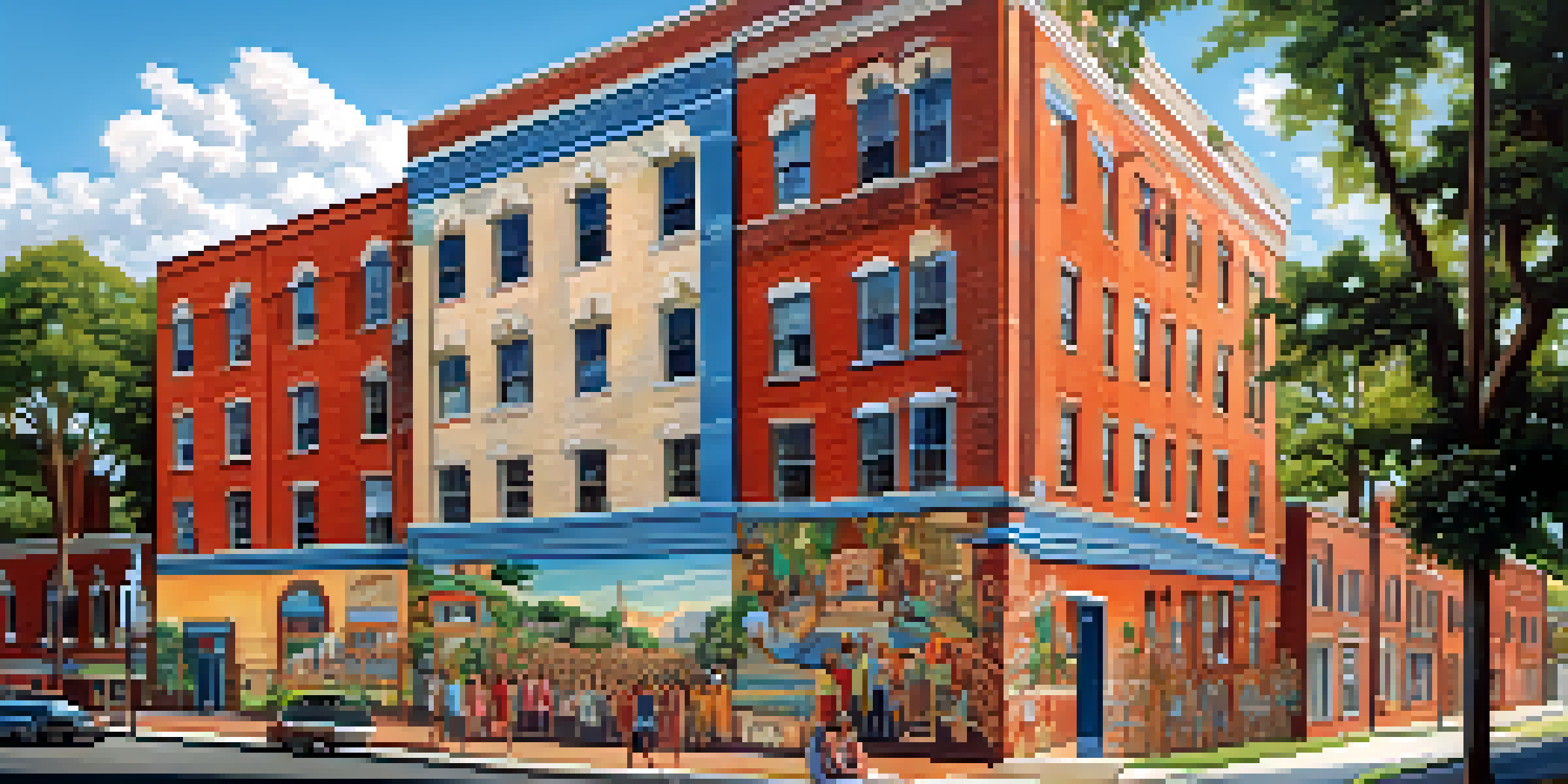 A colorful mural on a brick wall showing scenes of community life in Georgia, with vibrant colors and clear blue skies.