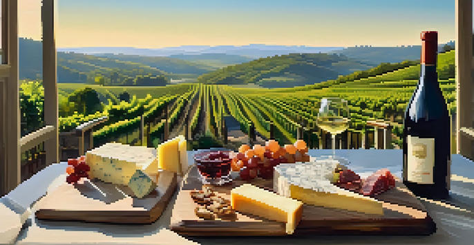 A scenic view from a terrace with vineyards, a glass of red wine, and a plate of cheese and charcuterie under a blue sky.