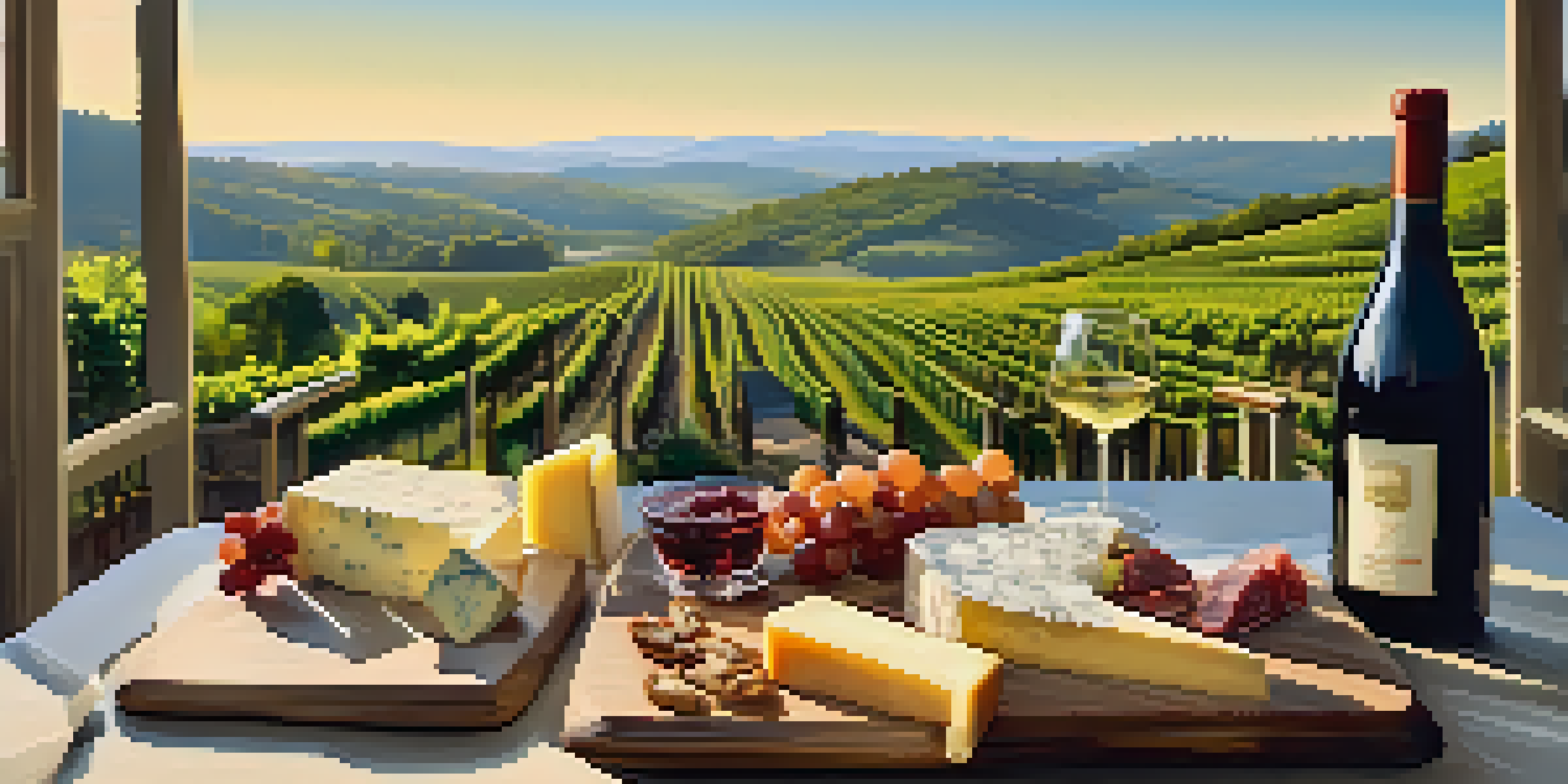 A scenic view from a terrace with vineyards, a glass of red wine, and a plate of cheese and charcuterie under a blue sky.