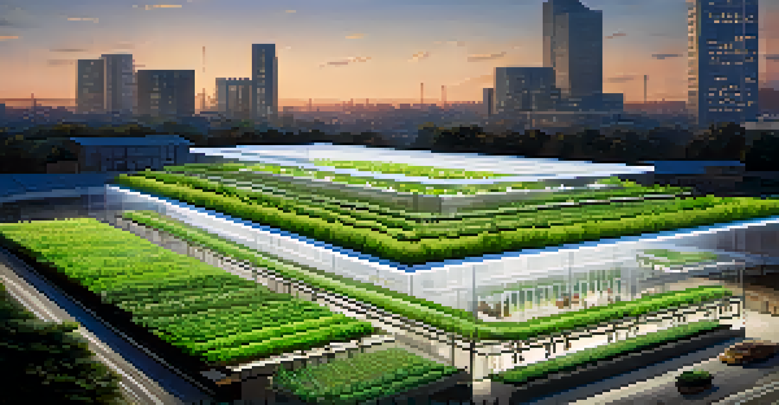 Aerial view of a vertical farm in an urban environment, showcasing stacked crops and city buildings in the background.