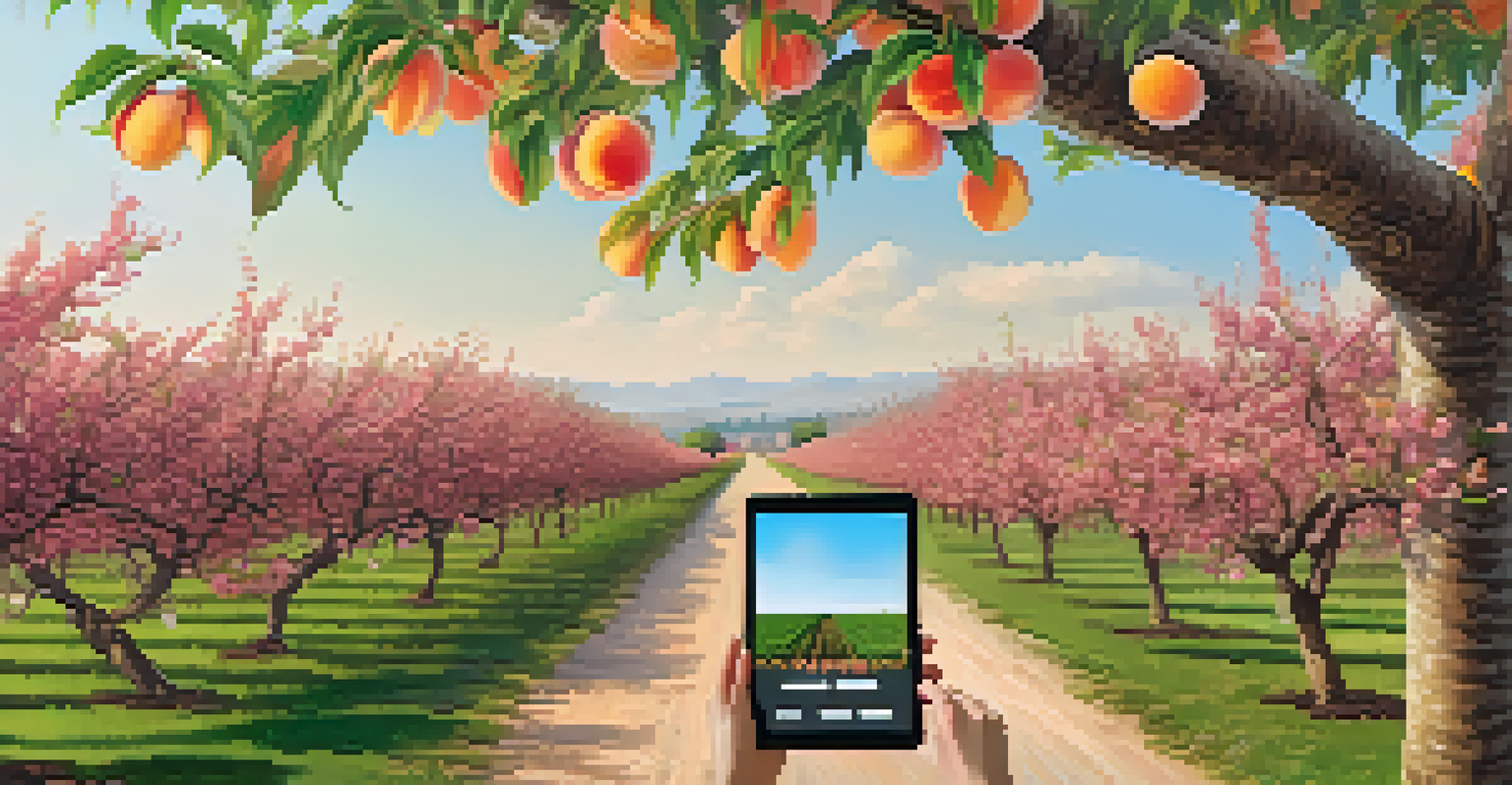 A farmer in a peach orchard using a tablet, with a digital overlay showing blockchain elements tracing the fruit's journey.