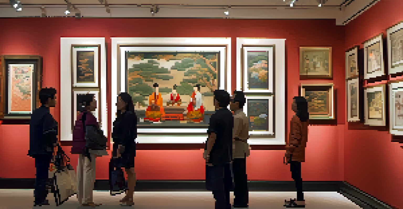 An art gallery with a mix of traditional Asian art and contemporary pieces, featuring vibrant paintings and calligraphy, with visitors appreciating the artwork.