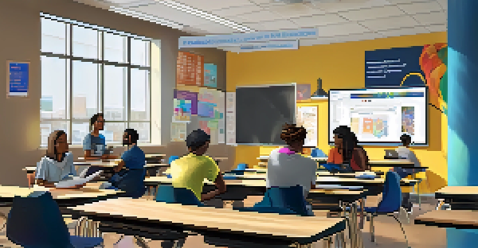 A lively classroom scene at Georgia State University with diverse students engaged in learning, modern technology, and a professor leading a discussion.