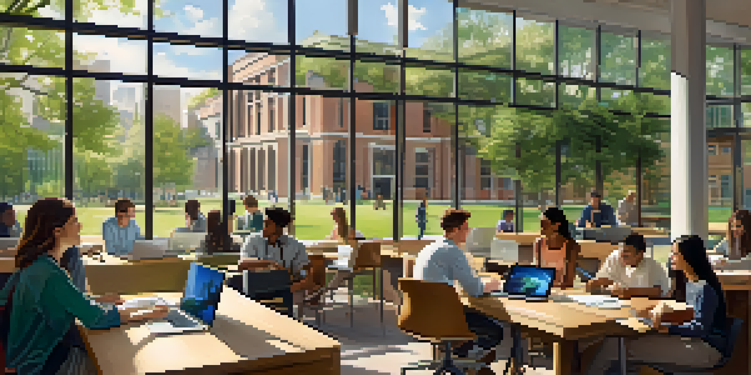 A lively university campus with diverse students collaborating in a modern workspace, surrounded by greenery and natural light.