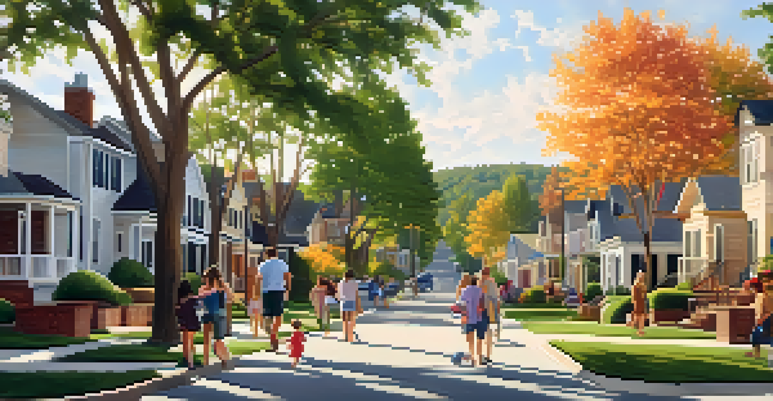 A lively suburban street in Georgia with families and children, showcasing blooming trees and diverse houses.