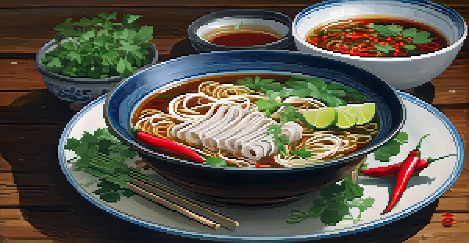 A close-up view of a steaming bowl of pho garnished with fresh herbs and lime on a rustic wooden table, with chopsticks beside it.