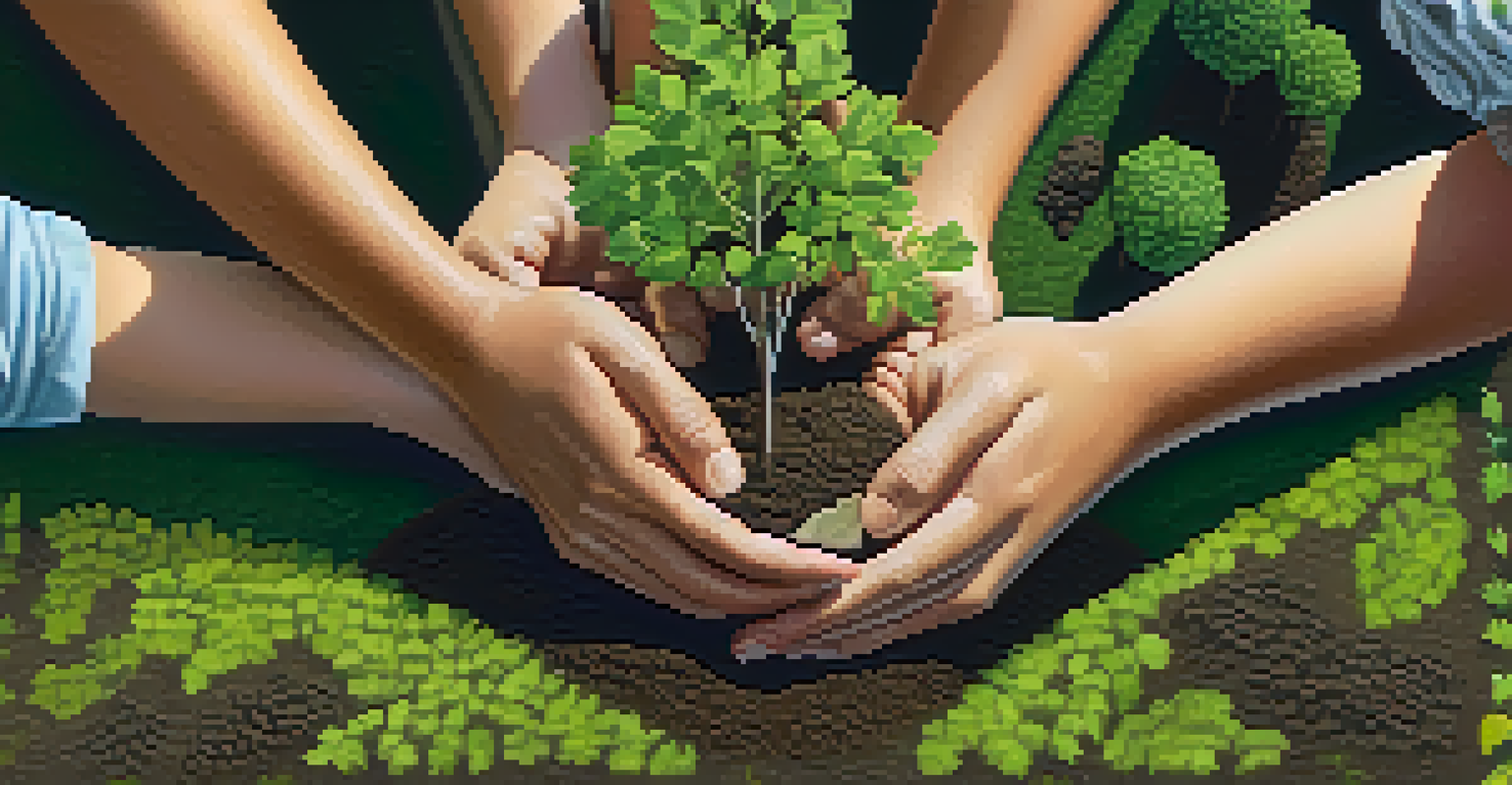 Close-up of diverse hands planting trees in a park, representing environmental recovery in Georgia.