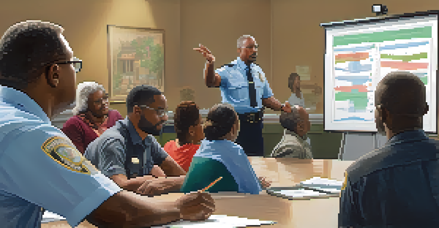 A community meeting in Georgia with residents discussing safety initiatives alongside law enforcement, featuring charts and data on display.