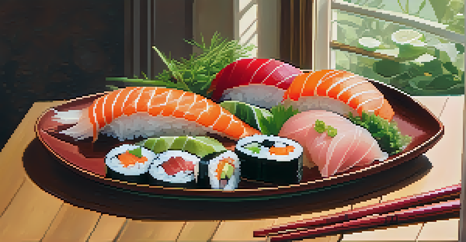 An artistic display of sushi and sashimi on a table with natural light highlighting the colors and textures.
