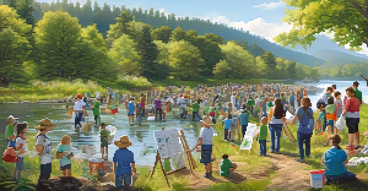 Community members participating in a wildlife conservation cleanup along a river.