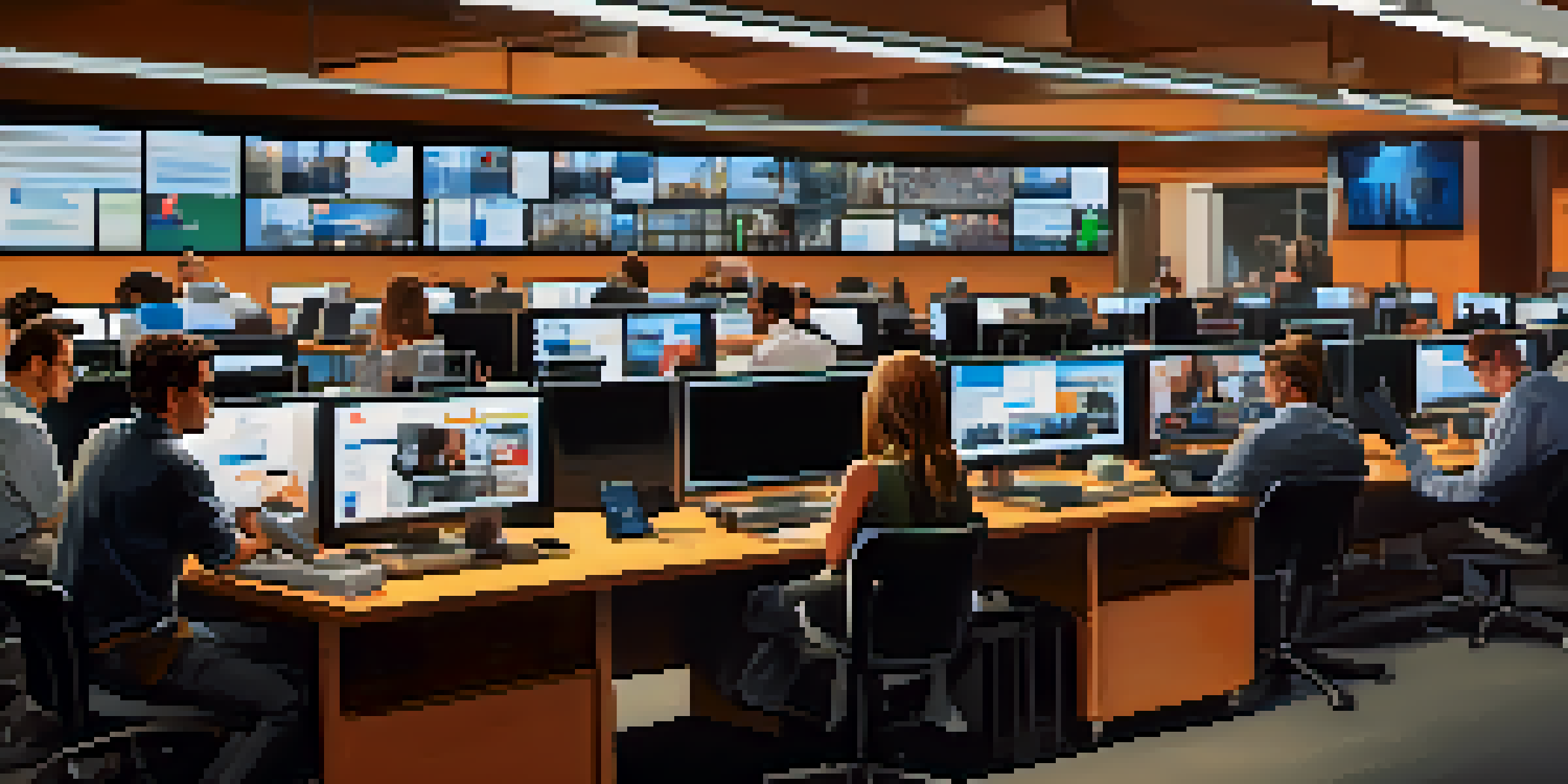 A bustling newsroom with journalists engaged in collaborative work, surrounded by technology and screens displaying news updates.