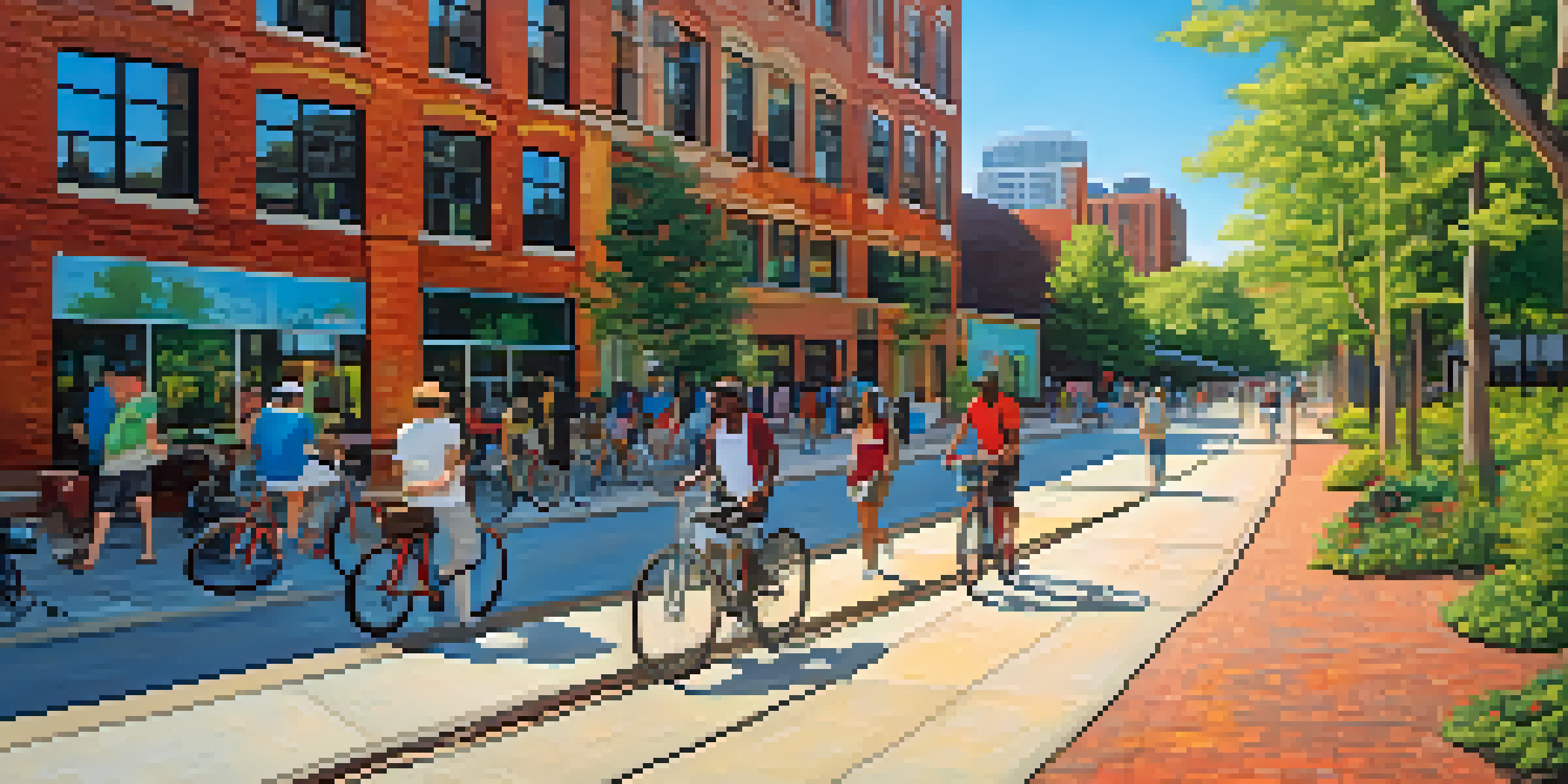 A lively scene of the Atlanta BeltLine with people walking and biking, surrounded by greenery and colorful murals, set against modern buildings and a blue sky.