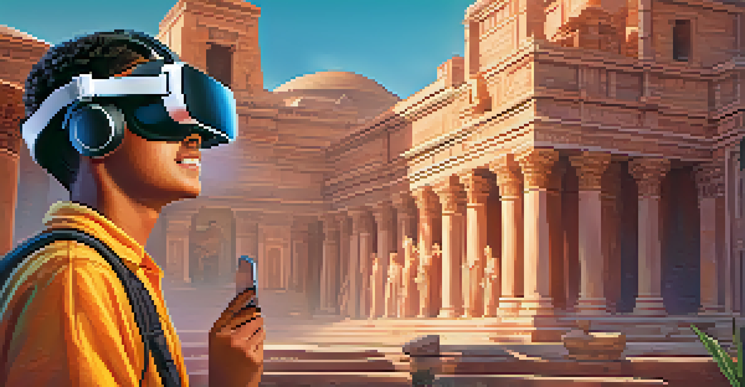 A student wearing a VR headset exploring an ancient civilization, surrounded by historical landmarks and vibrant visuals.