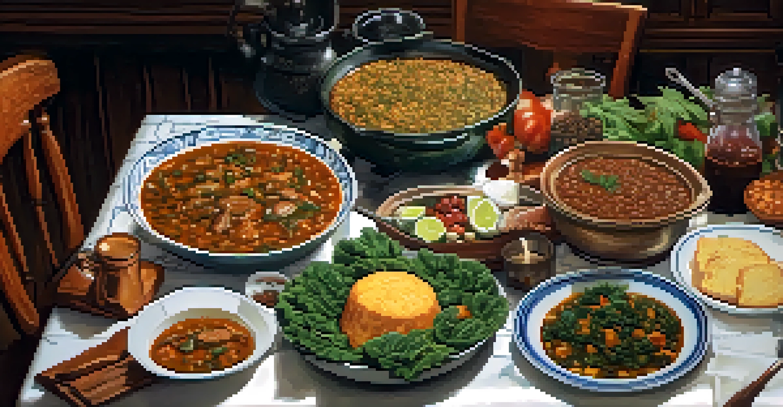 A table set with traditional African American dishes like gumbo and cornbread in a warm kitchen setting, conveying a sense of togetherness.